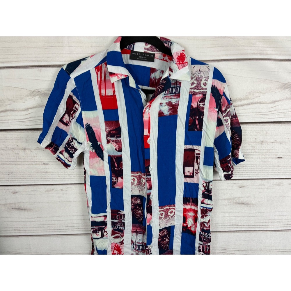 No Boundaries Mens Americana Eagle Motel Collage Stripe Button Up Shirt Blue XS - Picture 6 of 12
